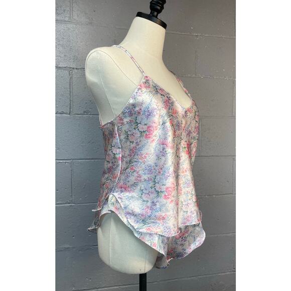 Vintage 80s Two Piece Camisole Flutter Shorts Lingerie Set Pastel Floral Satin - Picture 4 of 10